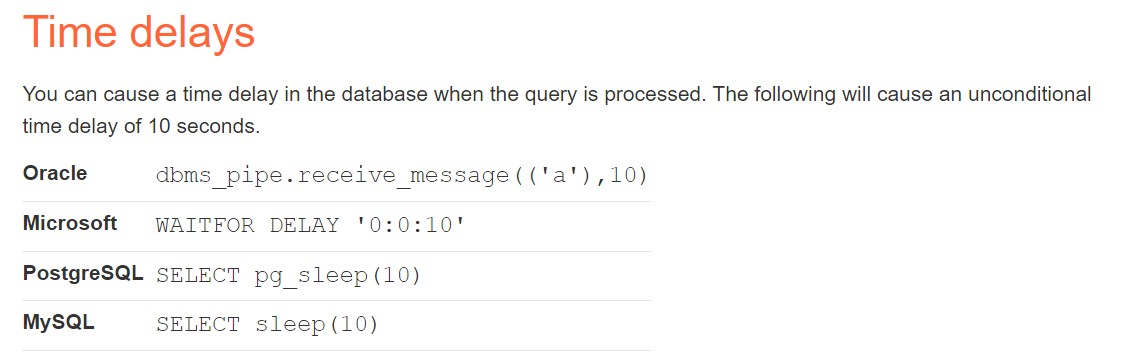 SQli time delay cheat-sheet